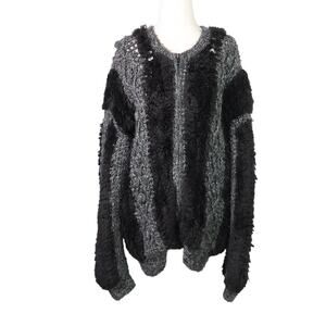 Vintage 80s grey and fuzzy black knit stripe cardigan sweater L